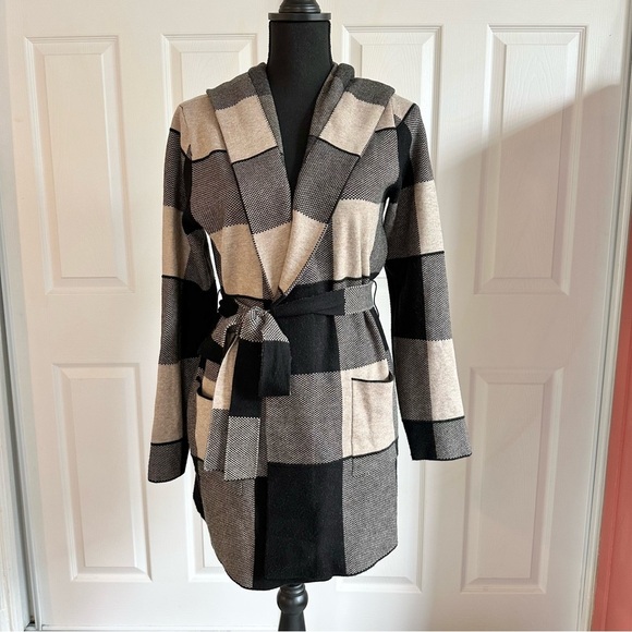 Tahari Tan and Black Buffalo Plaid Long Tie Waist Hooded Cardigan Sweater - Picture 1 of 6